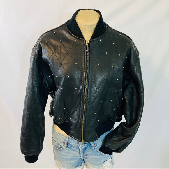 nevada blue Jackets & Blazers - Nevada Blue leather quilted studded bomber jacket